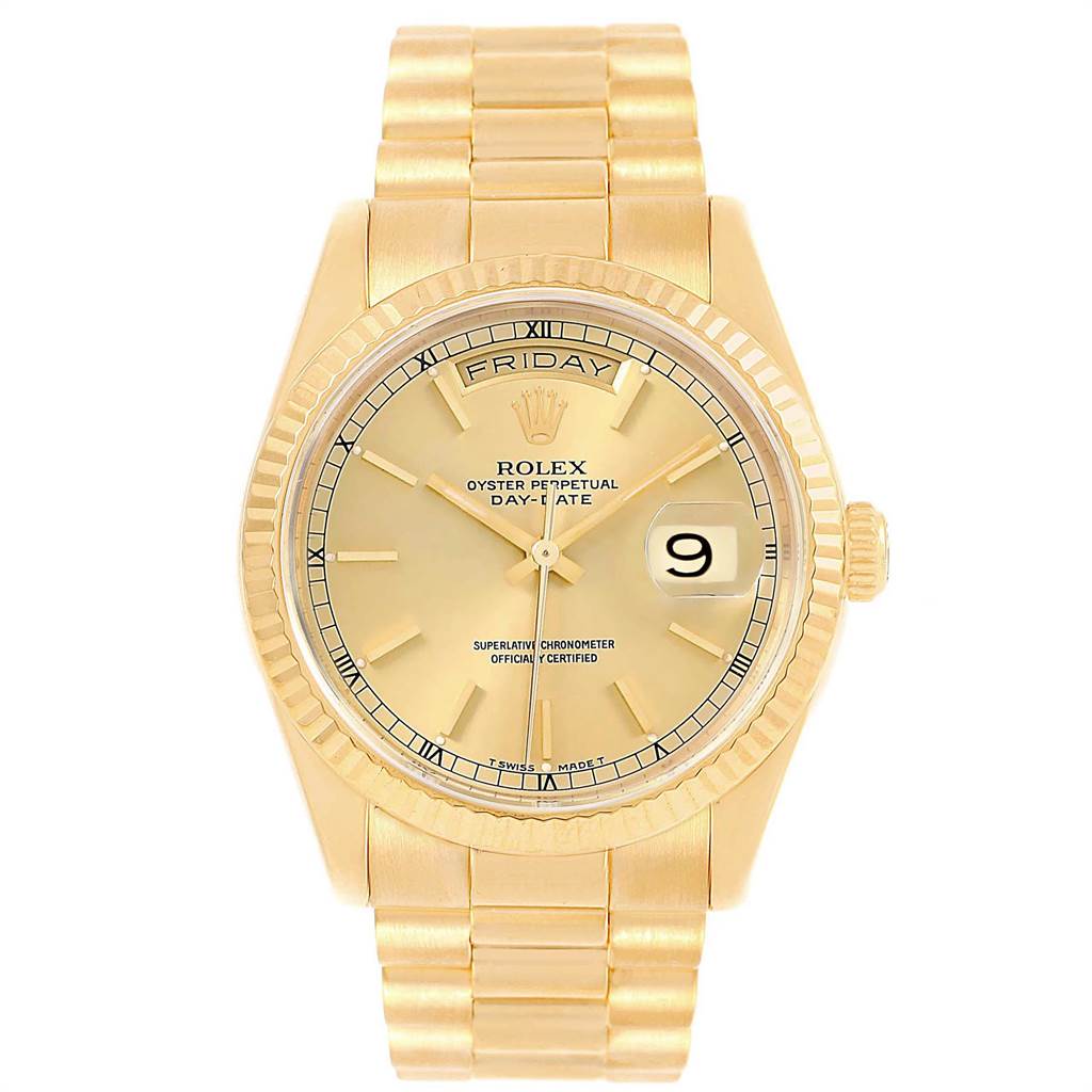 This image shows the front view of a Rolex President 18238 Men
s Yellow Gold Champagne Dial 18238 Men
s Yellow Gold Champagne Dial model watch, highlighting its dial, bezel, and bracelet.