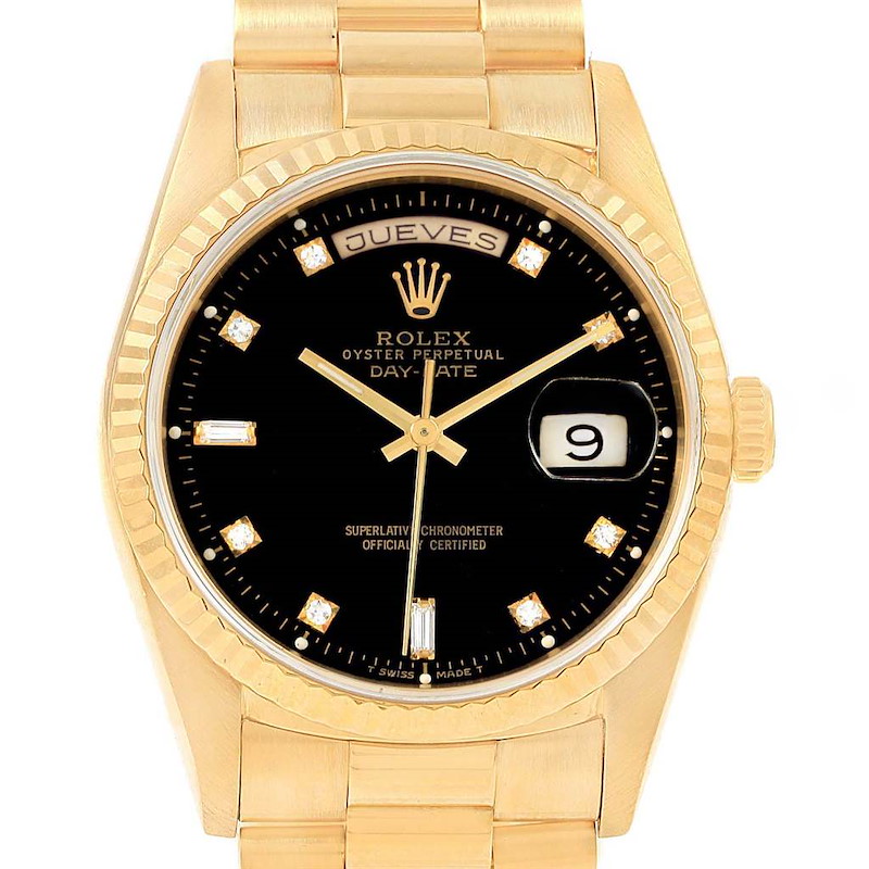 Rolex President Day-Date 36 Yellow Gold Black Diamond Dial Watch 18238 SwissWatchExpo