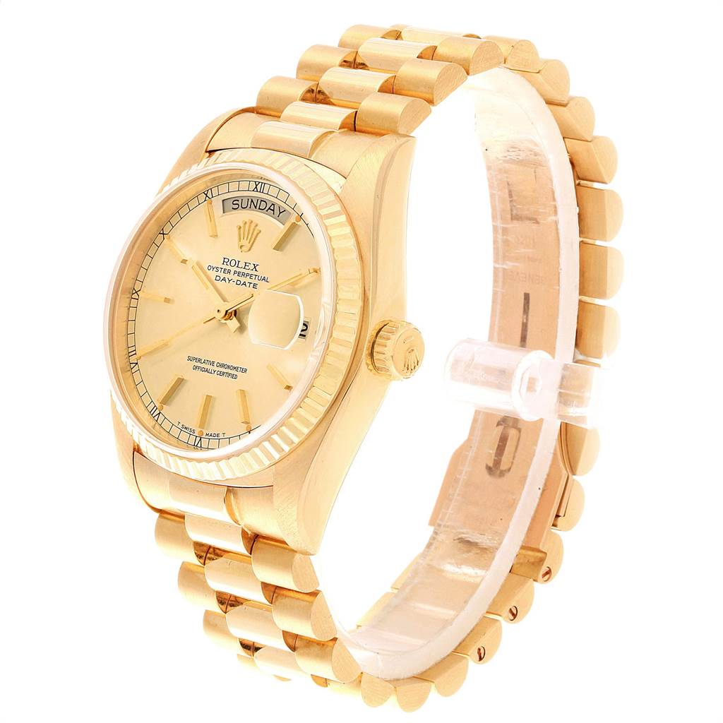 This angle shows a side and partial top view of the Rolex President 18038 Men's Yellow Gold Champagne Dial 18038 Men's Yellow Gold Champagne Dial model, including the dial, crown, and bracelet.