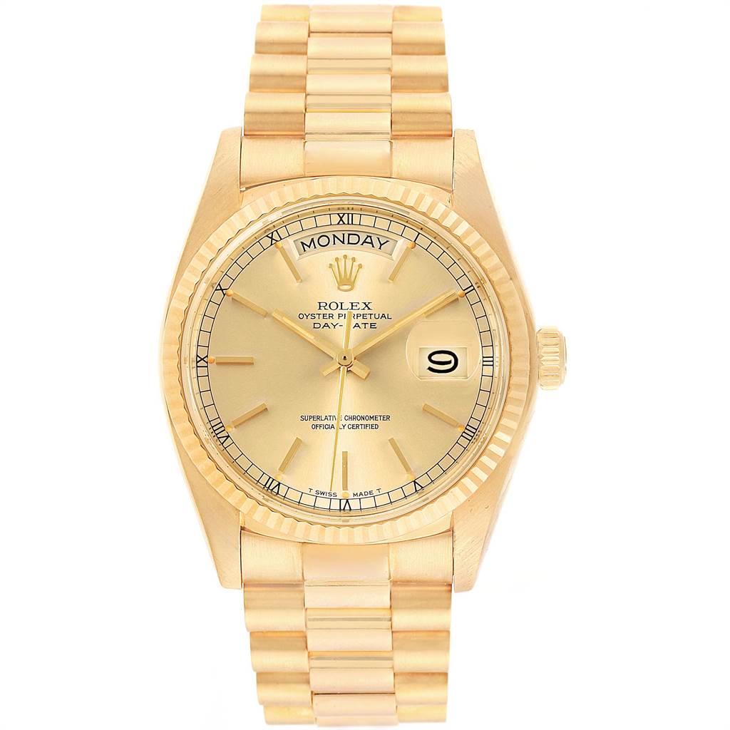 The image shows a frontal view of the Rolex President 18038 Men's Yellow Gold Champagne Dial 18038 Men's Yellow Gold Champagne Dial model, featuring its face, fluted bezel, and bracelet.
