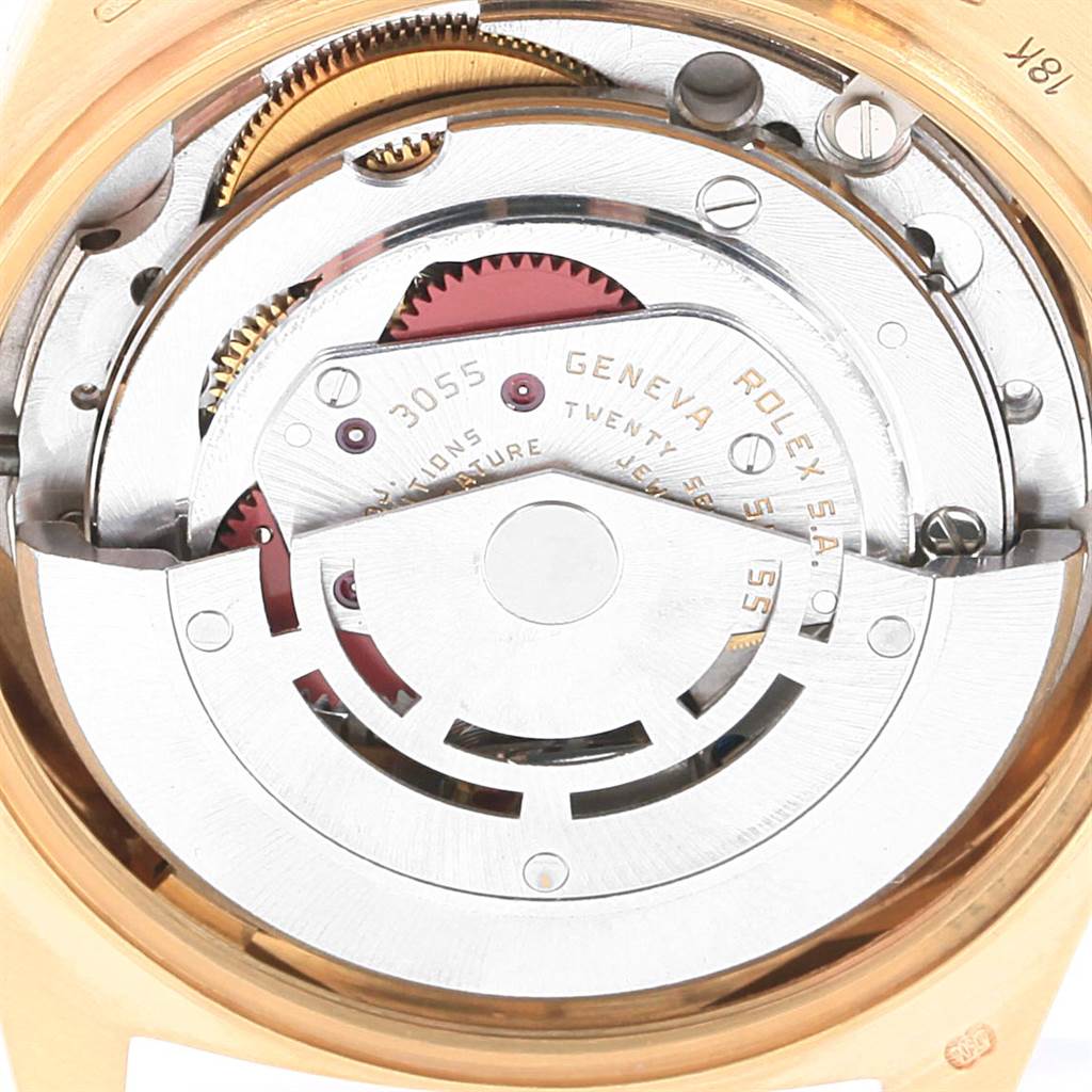 The image shows the internal mechanism of a Rolex President 18038 Men's Yellow Gold Champagne Dial 18038 Men's Yellow Gold Champagne Dial model watch, viewed from the back.