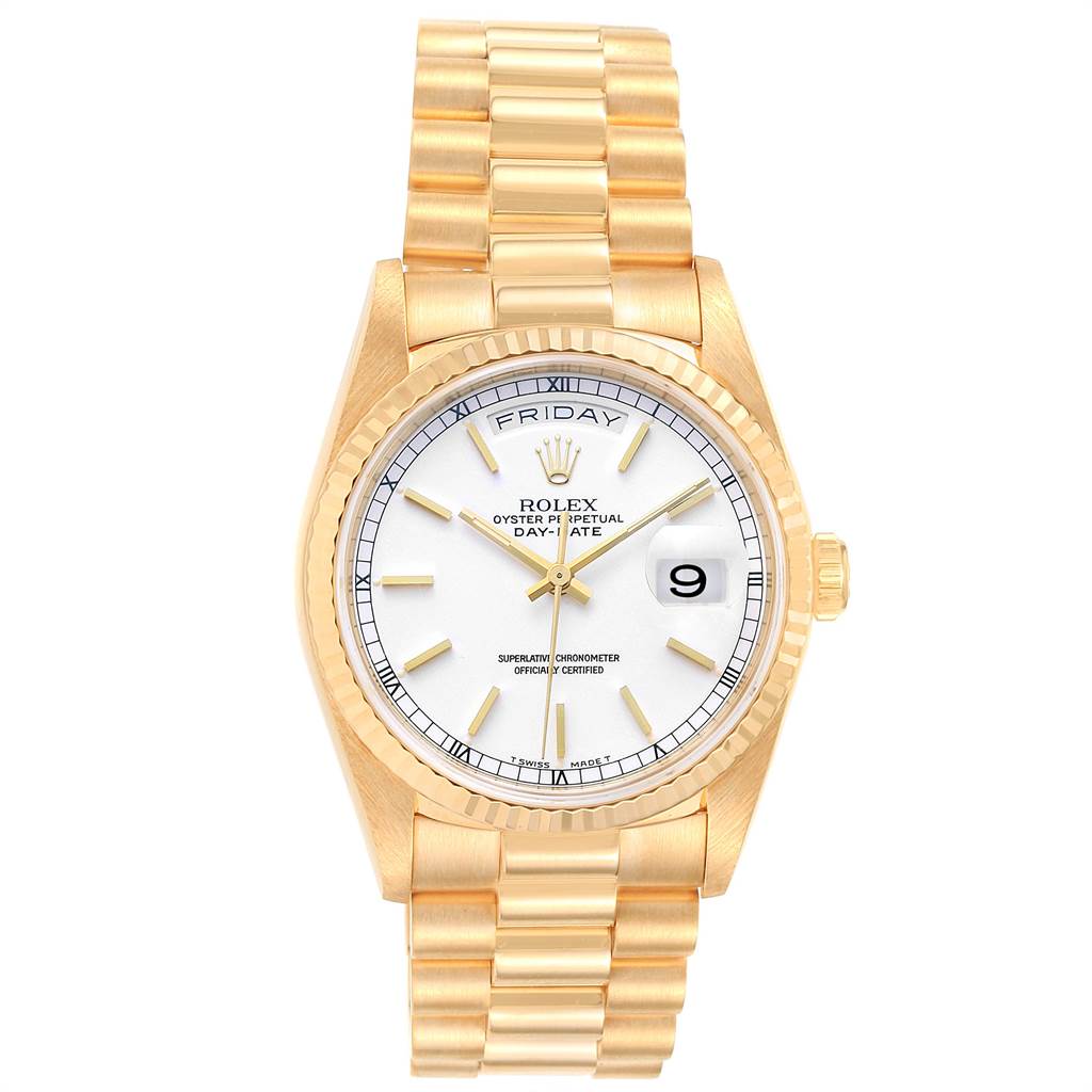The Rolex President 18238 Men's Yellow Gold White Dial 18238 Men's Yellow Gold White Dial model watch is shown from a front angle, displaying its face, bracelet, and crown.