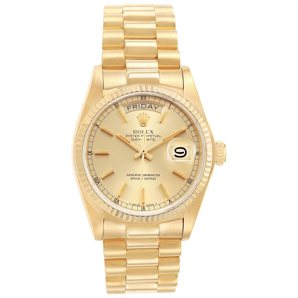 The image shows a front view of a Rolex President 18038 Men's Yellow Gold Champagne Dial 18038 Men's Yellow Gold Champagne Dial Day-Date watch, including the bracelet, dial, hands, and date window.