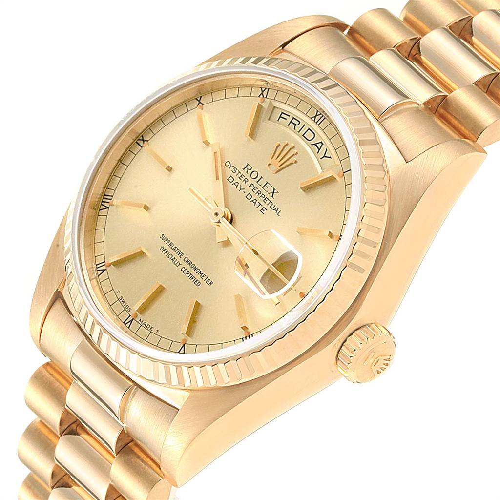 The image shows a close-up angled view of the Rolex President 18038 Men's Yellow Gold Champagne Dial 18038 Men's Yellow Gold Champagne Dial Day-Date watch, highlighting the dial, bezel, crown, and bracelet.