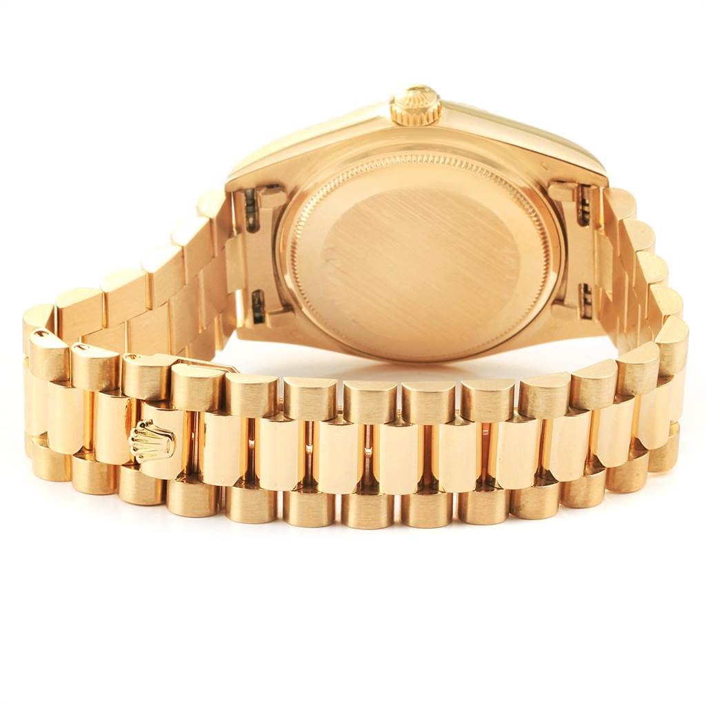 This image shows the back case and bracelet of a Rolex President 18038 Men's Yellow Gold Champagne Dial 18038 Men's Yellow Gold Champagne Dial model watch from a rear angle.