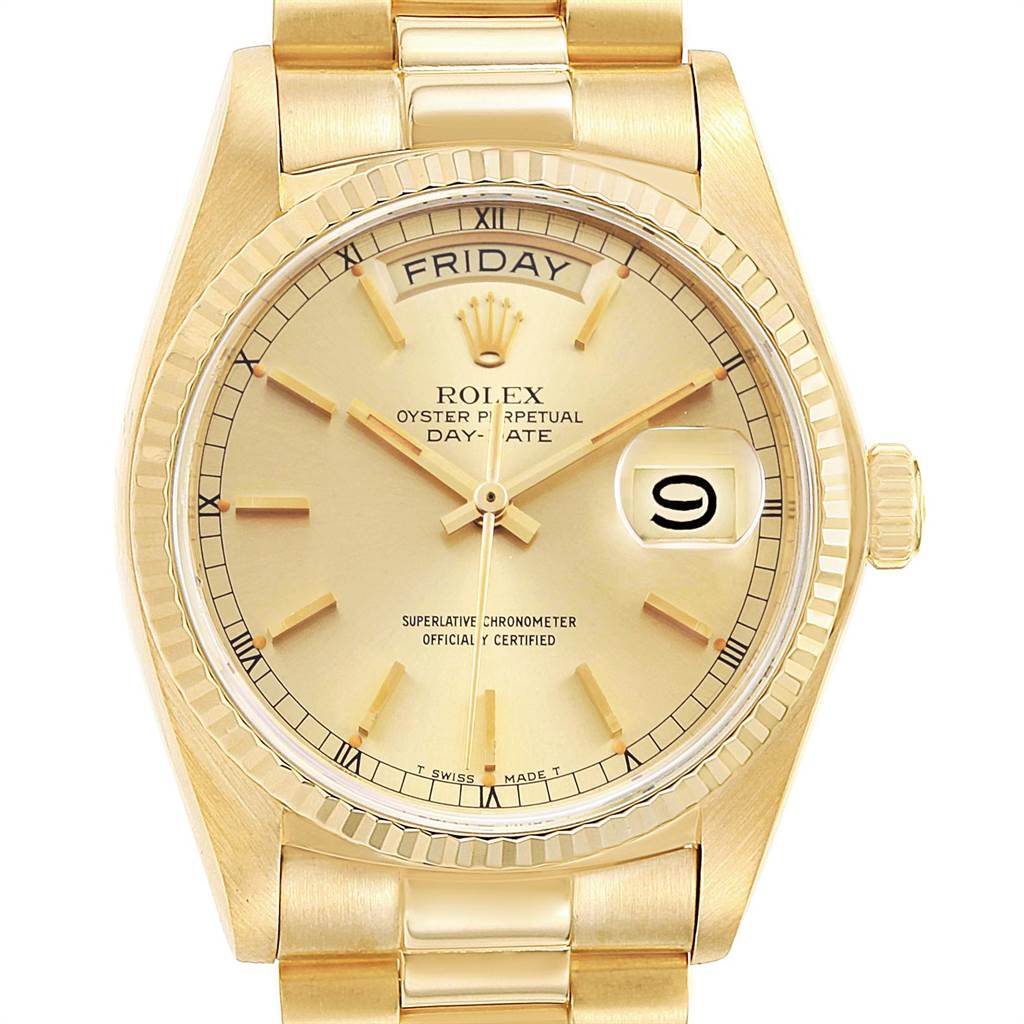This image shows the front of a Rolex President 18038 Men's Yellow Gold Champagne Dial 18038 Men's Yellow Gold Champagne Dial model watch, highlighting its dial, day and date windows, and part of the bracelet.