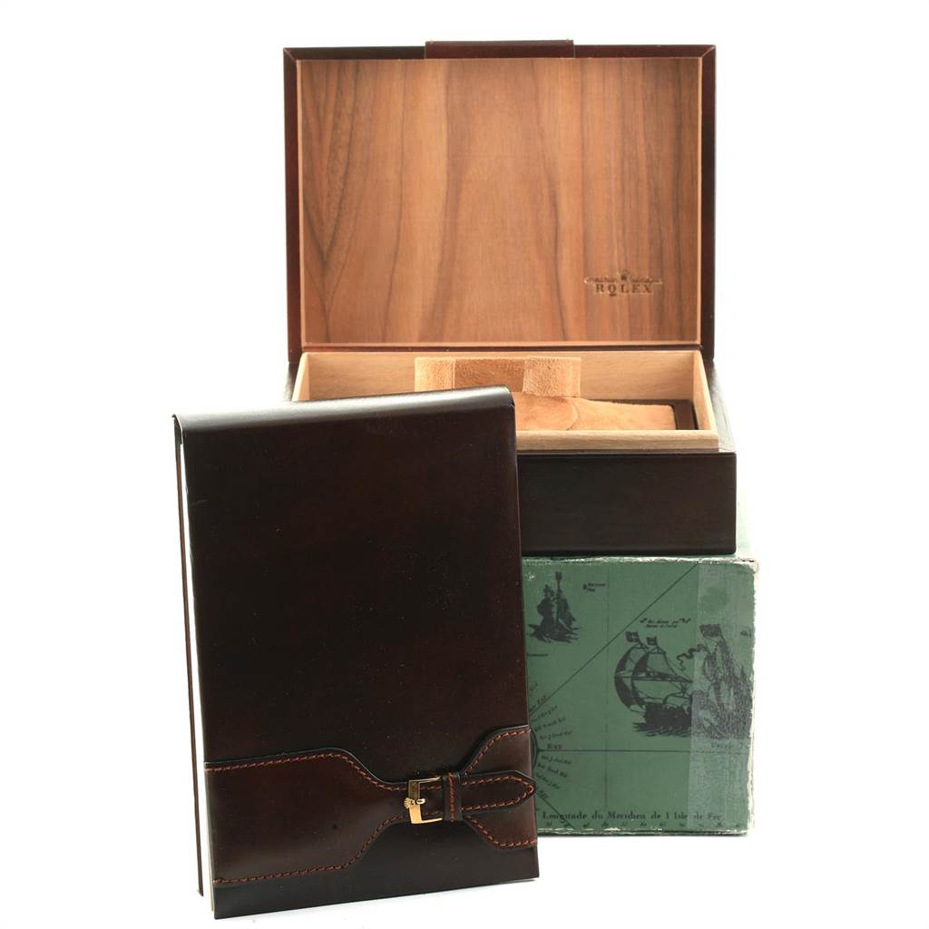 The image shows a Rolex President 18038 Men's Yellow Gold Champagne Dial 18038 Men's Yellow Gold Champagne Dial watch box with a leather pouch and a green outer box.