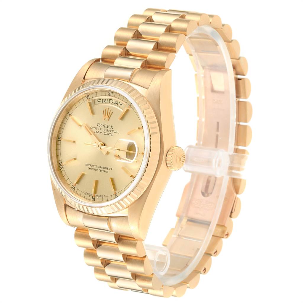This image shows a Rolex President 18038 Men's Yellow Gold Champagne Dial 18038 Men's Yellow Gold Champagne Dial model watch from a diagonal angle, highlighting the dial, crown, and bracelet.