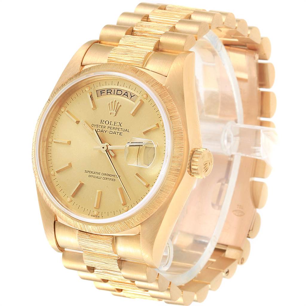 The Rolex President 18078 Men's Yellow Gold Champagne Dial 18078 Men's Yellow Gold Champagne Dial model watch is shown at a three-quarter angle highlighting the dial, bezel, crown, and bracelet.