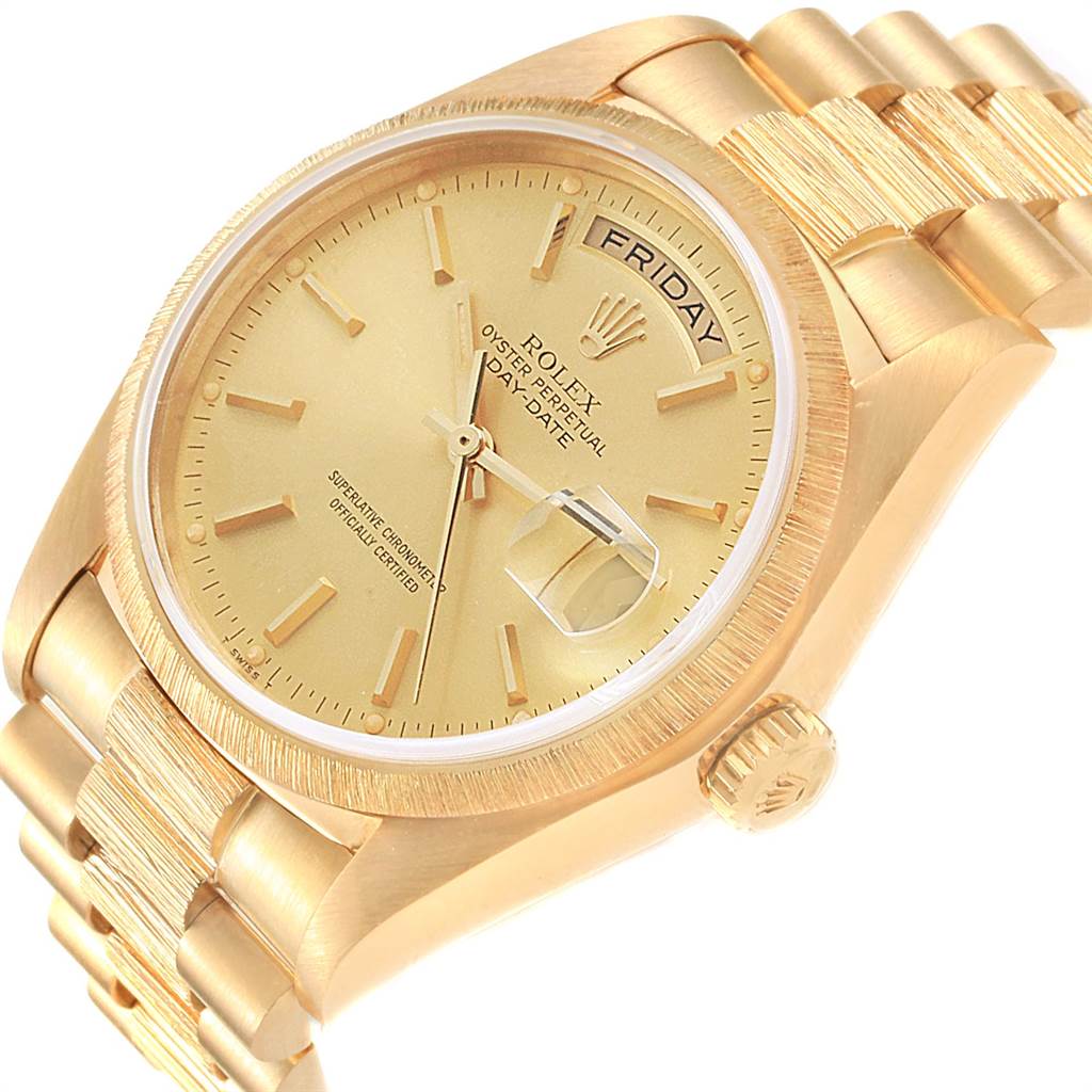 This image shows a Rolex President 18078 Men's Yellow Gold Champagne Dial 18078 Men's Yellow Gold Champagne Dial model watch at an angled top-down view, highlighting its dial, case, and part of the bracelet.