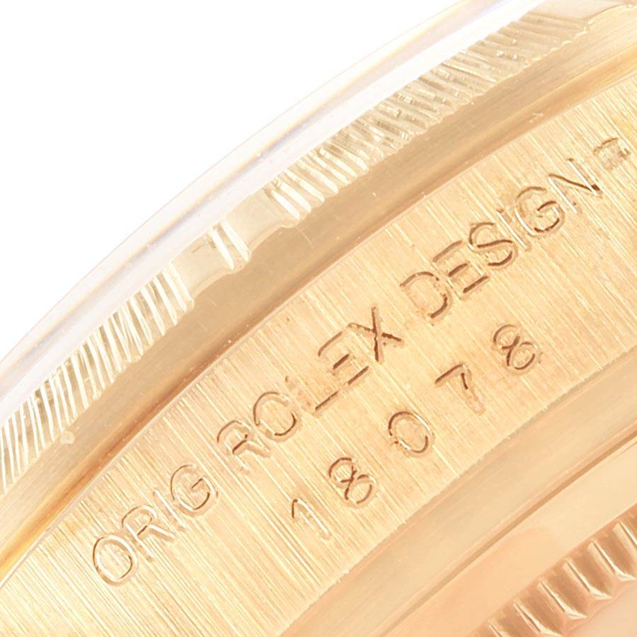 The image shows a close-up of the edge and engraved model number '18078' of a Rolex President 18078 Men's Yellow Gold Champagne Dial 18078 Men's Yellow Gold Champagne Dial watch.