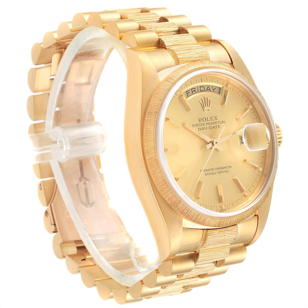 The image shows a Rolex President 18078 Men's Yellow Gold Champagne Dial 18078 Men's Yellow Gold Champagne Dial model watch from a side angle, highlighting its golden case, bracelet, and dial with the day-date feature.