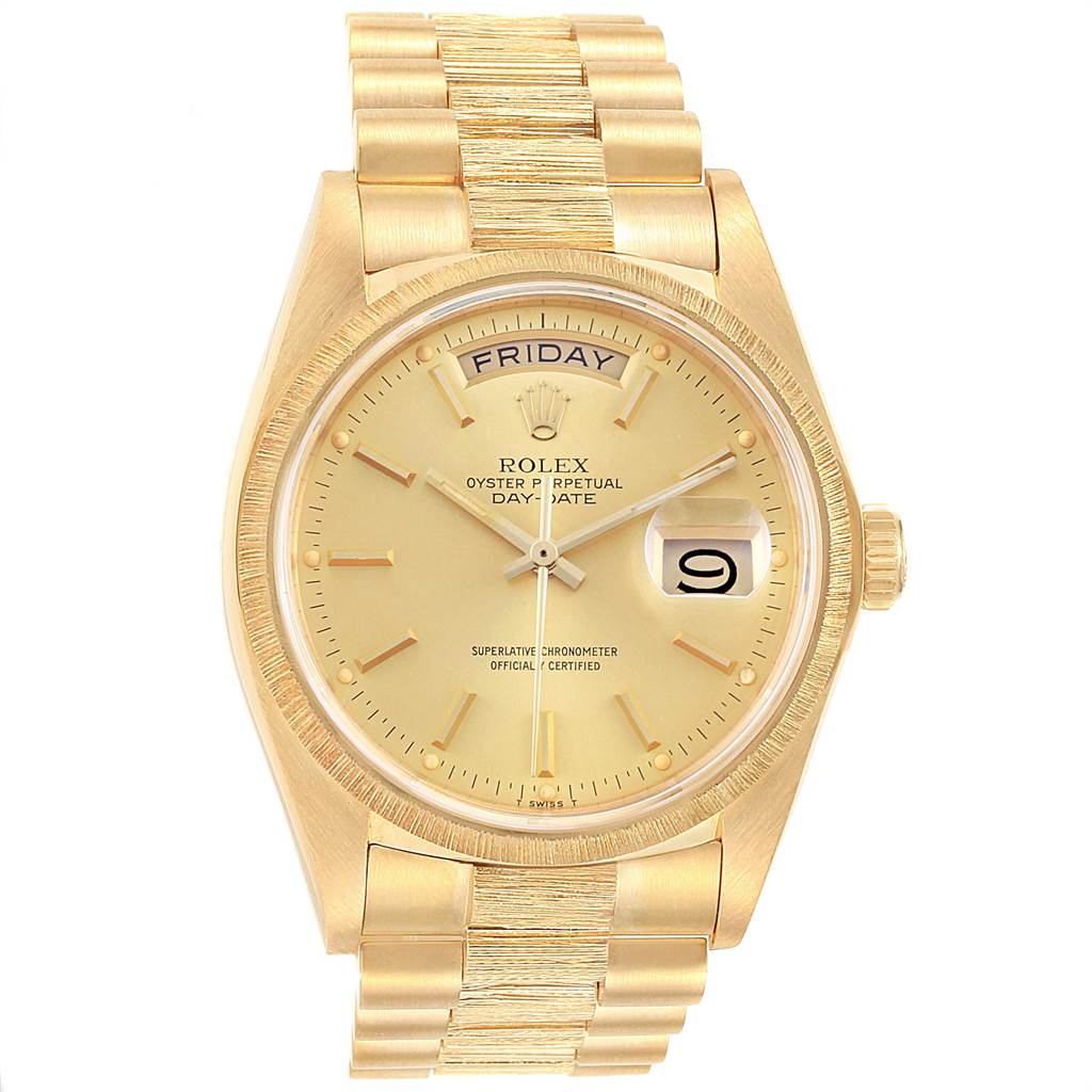 The image shows a front view of a Rolex President 18078 Men's Yellow Gold Champagne Dial 18078 Men's Yellow Gold Champagne Dial model watch, displaying the dial, bracelet, and both the day and date indicators.