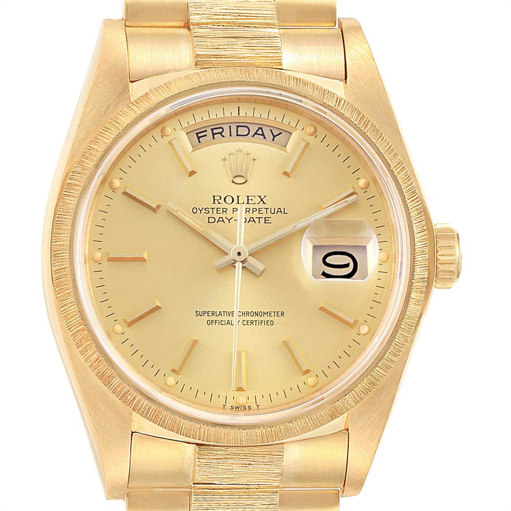 The image shows a front view of the Rolex President 18078 Men's Yellow Gold Champagne Dial 18078 Men's Yellow Gold Champagne Dial model watch, featuring the dial, hands, day, and date indicators.