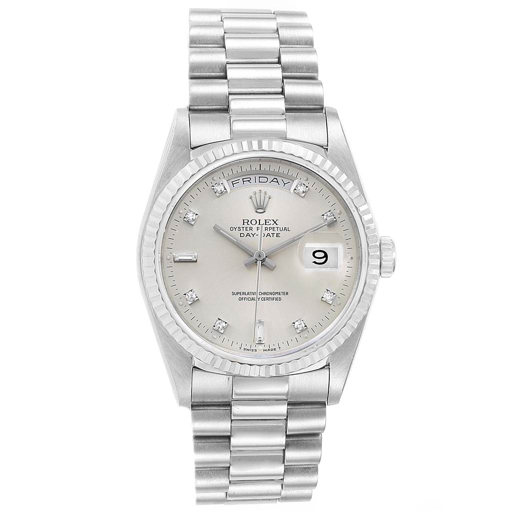 The image shows a front view of a Rolex President 18239 Men's White Gold Silver Dial 18239 Men's White Gold Silver Dial model watch, displaying its dial, hands, bracelet, and date.