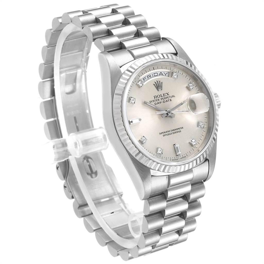 The Rolex President 18239 Men's White Gold Silver Dial 18239 Men's White Gold Silver Dial model watch is shown at an angled side view, displaying its full bracelet, bezel, and dial with day-date functions.