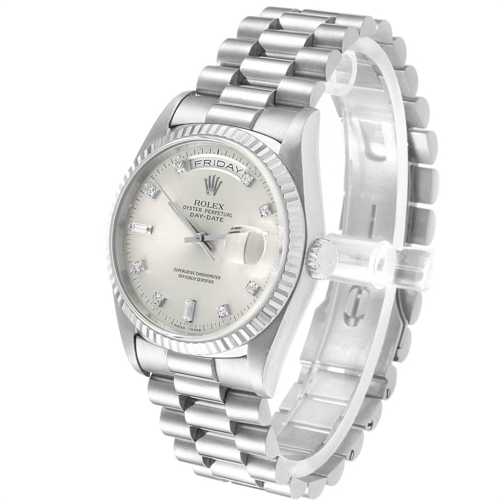 The image shows a Rolex President 18239 Men's White Gold Silver Dial 18239 Men's White Gold Silver Dial Day-Date watch at a 3/4 angle, highlighting its bracelet, dial, and crown.
