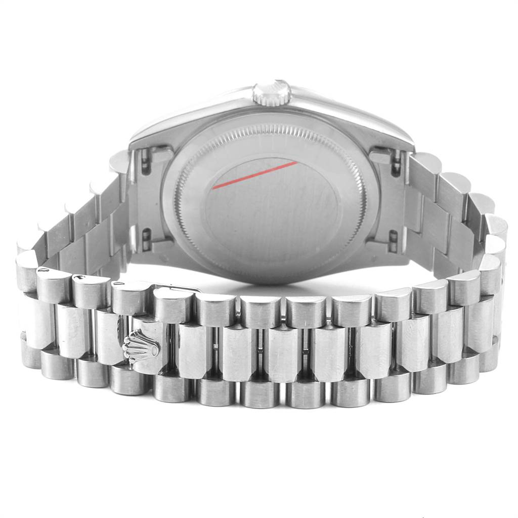 The image shows the back case and bracelet of a Rolex President 18239 Men's White Gold Silver Dial 18239 Men's White Gold Silver Dial model watch, viewed from the rear angle.