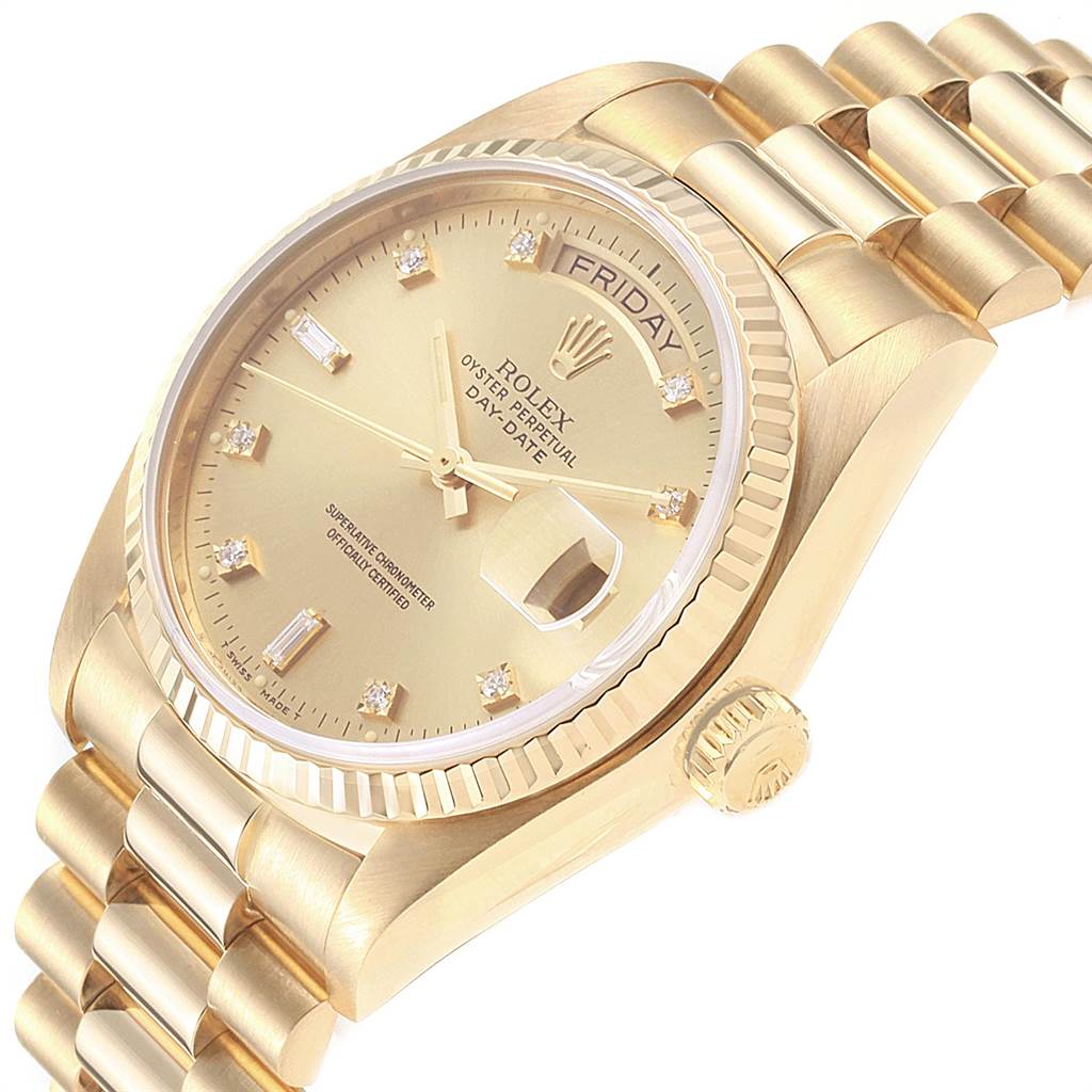 This image shows a Rolex President 18038 Men's Yellow Gold Champagne Dial 18038 Men's Yellow Gold Champagne Dial model watch at a slight angle, highlighting its gold case, bracelet, and day-date display.