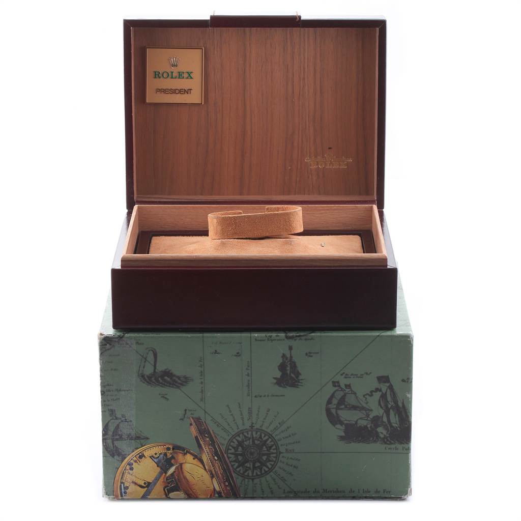 This image shows an open Rolex President 18038 Men's Yellow Gold Champagne Dial 18038 Men's Yellow Gold Champagne Dial model watch box with interior padding, viewed from the front.