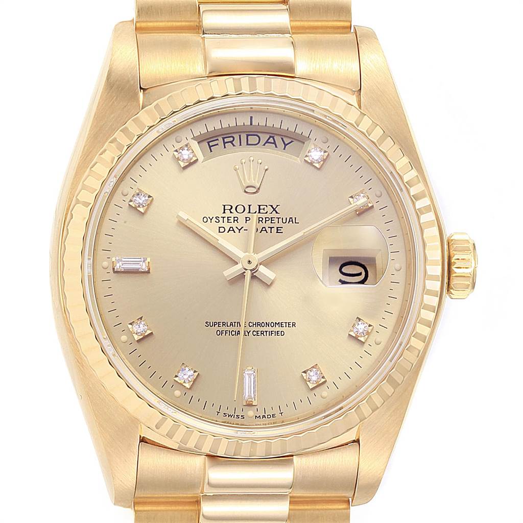 The Rolex President 18038 Men's Yellow Gold Champagne Dial 18038 Men's Yellow Gold Champagne Dial model is shown from the front, highlighting its dial, bracelet, and crown.