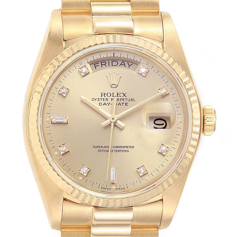 Rolex President Day Date 18k Yellow Gold Diamond Mens Watch 18038 SwissWatchExpo