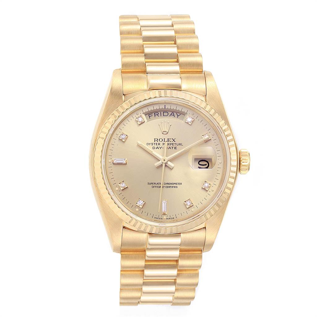 The image shows a front view of a Rolex President 18038 Men's Yellow Gold Champagne Dial 18038 Men's Yellow Gold Champagne Dial model watch displaying the dial, bezel, crown, and bracelet.