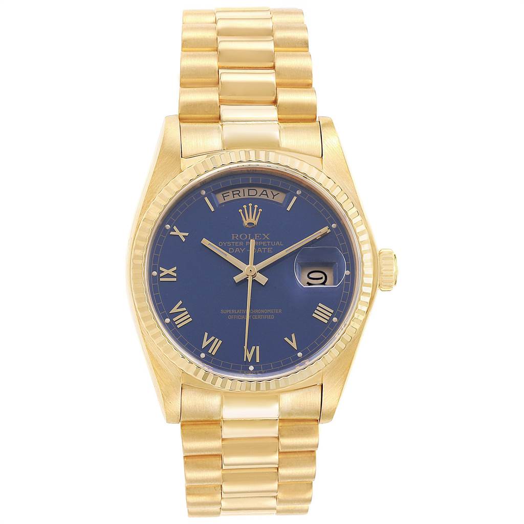The image shows the full front view of the Rolex President 18038 Men's Yellow Gold Blue Dial 18038 Men's Yellow Gold Blue Dial model watch, highlighting its blue dial and gold bracelet.