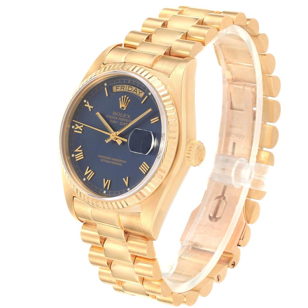 This image shows a Rolex President 18038 Men's Yellow Gold Blue Dial 18038 Men's Yellow Gold Blue Dial model watch at a 3/4 angle, highlighting the gold case, blue dial, and gold bracelet.