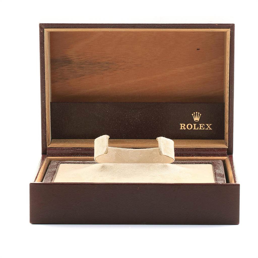 The image shows an open Rolex President 18038 Men's Yellow Gold Blue Dial 18038 Men's Yellow Gold Blue Dial model watch box at a straight-on angle, revealing the interior with the Rolex logo.