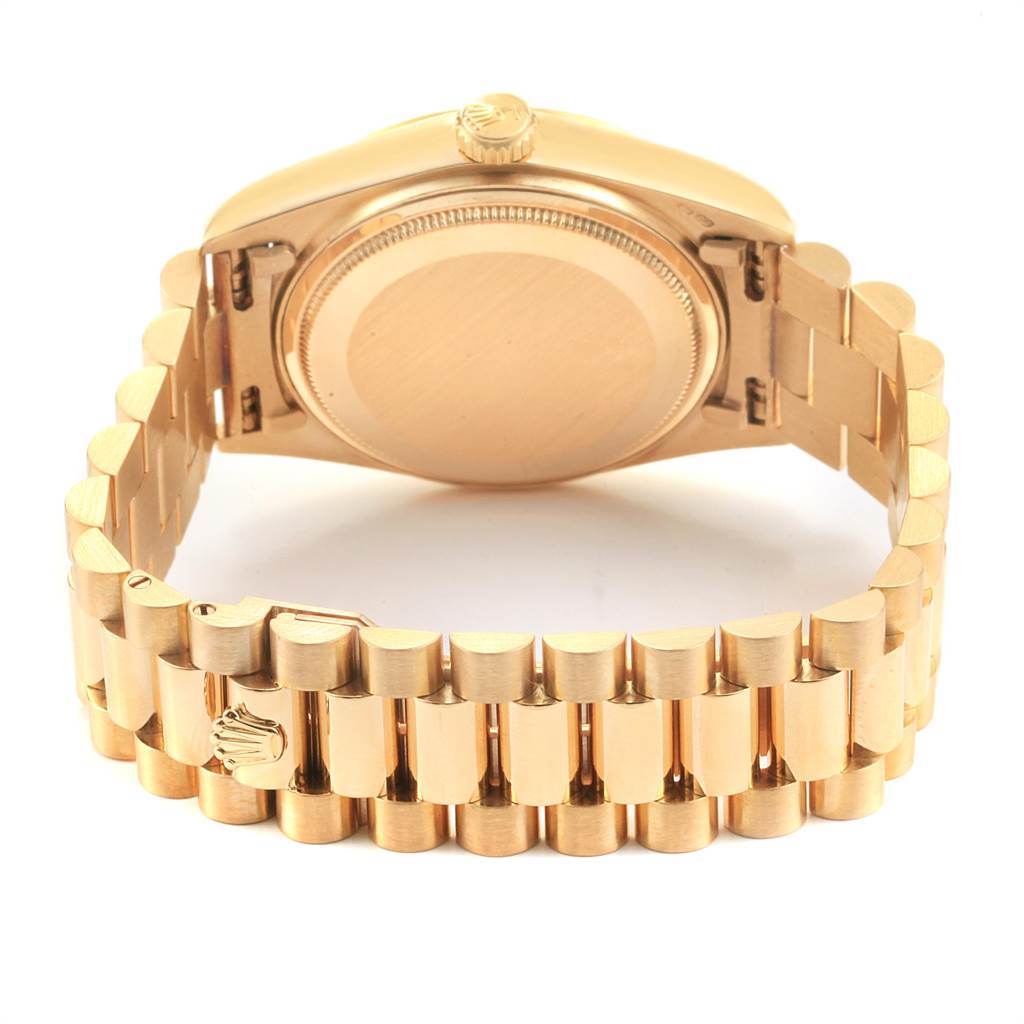 This image shows the back view of a Rolex President 18038 Men's Yellow Gold Blue Dial 18038 Men's Yellow Gold Blue Dial model watch, focusing on the case back and bracelet.