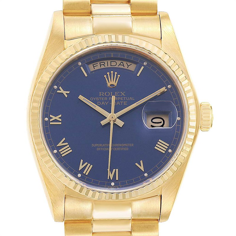 Rolex President 36 Day-Date Yellow Gold Blue Dial Mens Watch 18038 SwissWatchExpo
