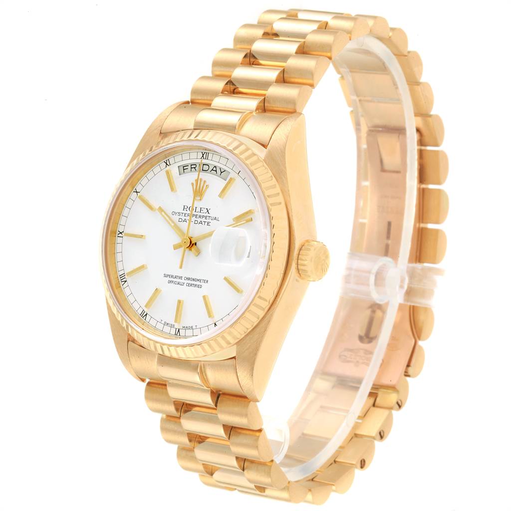 This image shows a Rolex President 18038 Men
s Stainless Steel White Dial 18038 Men
s Stainless Steel White Dial model watch at a slight angle, highlighting its gold case, bracelet, and white dial with day and date features.