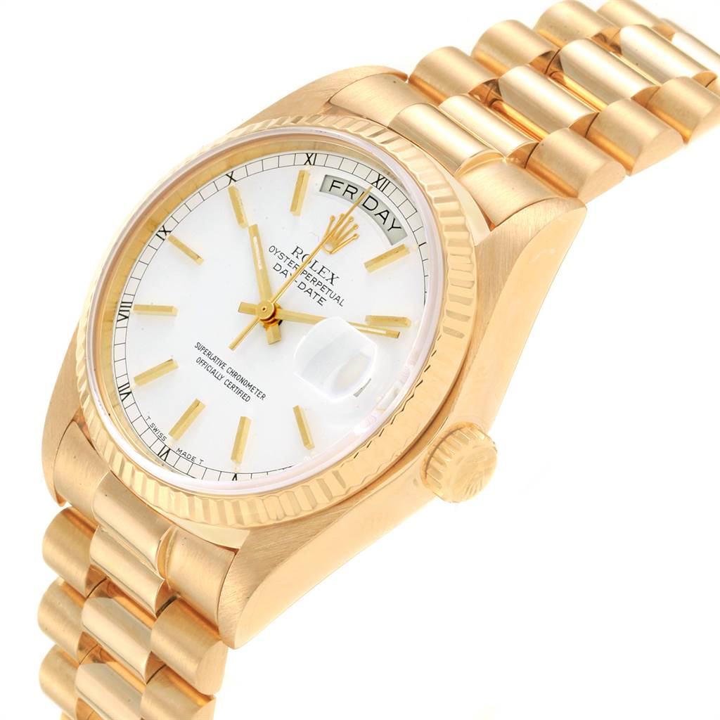 The image shows a Rolex President 18038 Men
s Stainless Steel White Dial 18038 Men
s Stainless Steel White Dial model watch at an angle, displaying the face, bezel, crown, and part of the bracelet.