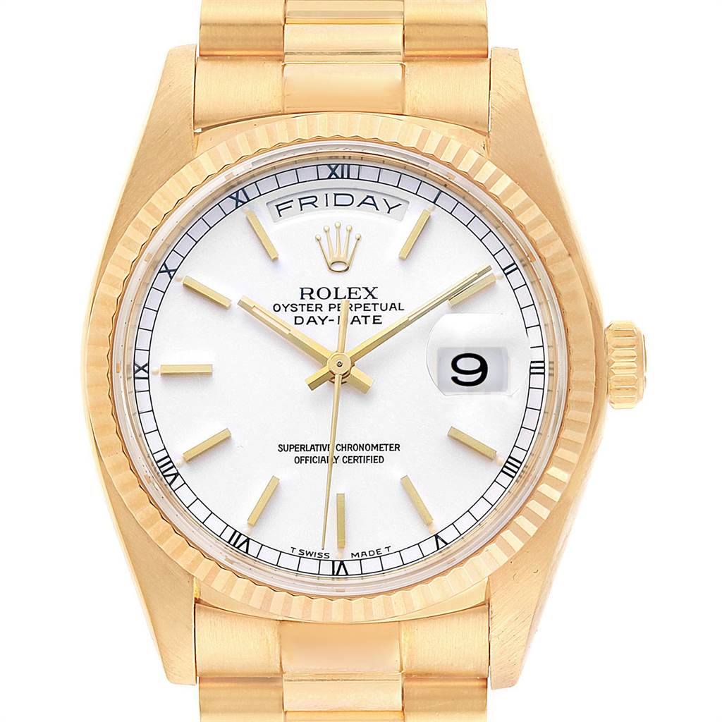 The image shows a front view of the Rolex President 18038 Men
s Stainless Steel White Dial 18038 Men
s Stainless Steel White Dial model watch, highlighting the dial, bezel, and part of the bracelet.