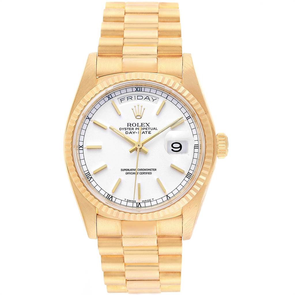The image shows a front view of a Rolex President 18038 Men
s Stainless Steel White Dial 18038 Men
s Stainless Steel White Dial model watch with a gold bracelet, white dial, and date display.