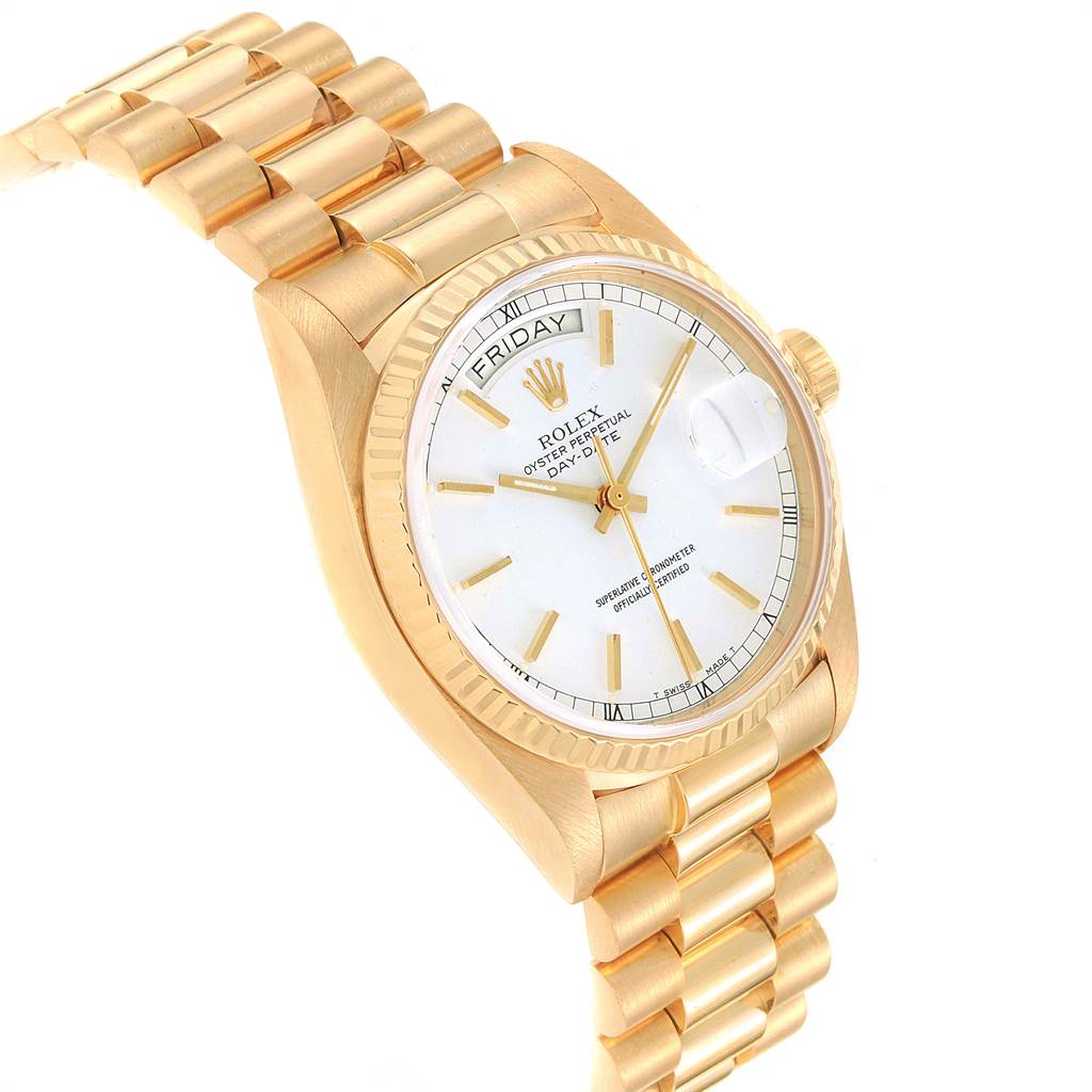 This image shows a Rolex President 18038 Men
s Stainless Steel White Dial 18038 Men
s Stainless Steel White Dial model watch at a 3/4 angle, highlighting the gold band, case, bezel, crown, and dial.