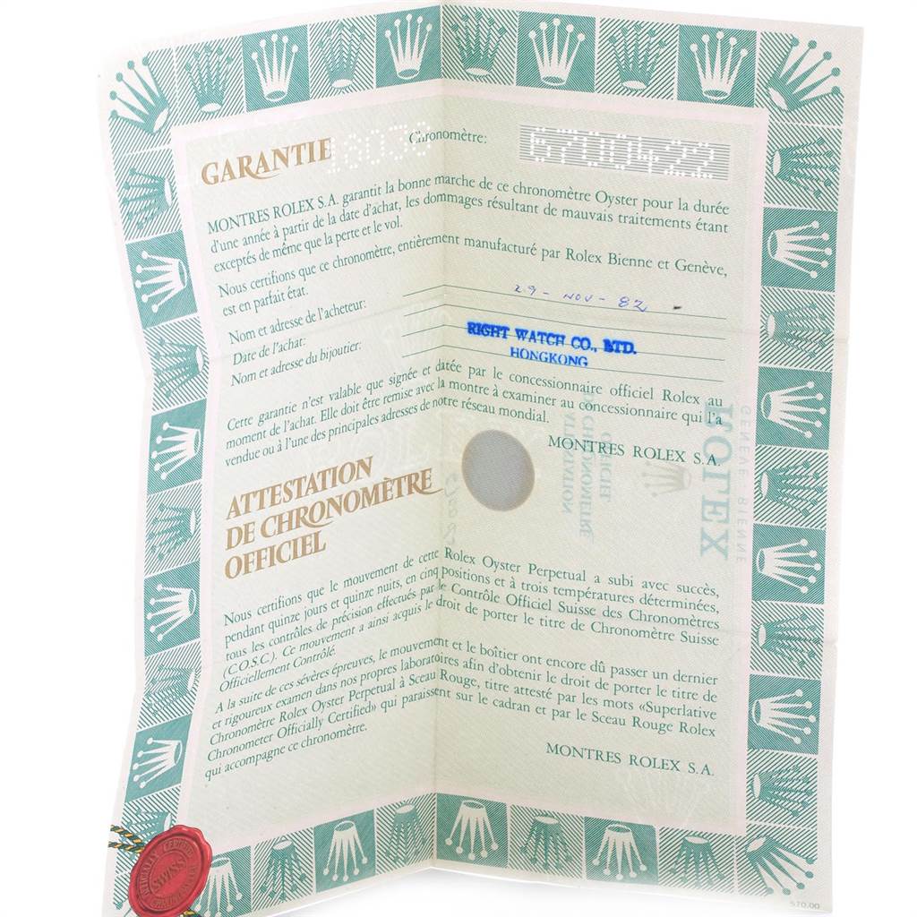 The image shows a guarantee card for a Rolex President 18038 Men
s Stainless Steel White Dial 18038 Men
s Stainless Steel White Dial model watch, including the certificate of chronometer official.