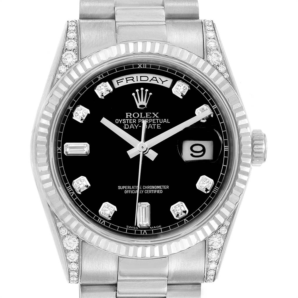 The image shows a frontal view of a Rolex President 118339 Men's White Gold Black Dial 118339 Men's White Gold Black Dial model watch, highlighting the black dial, diamond hour markers, and day-date display.