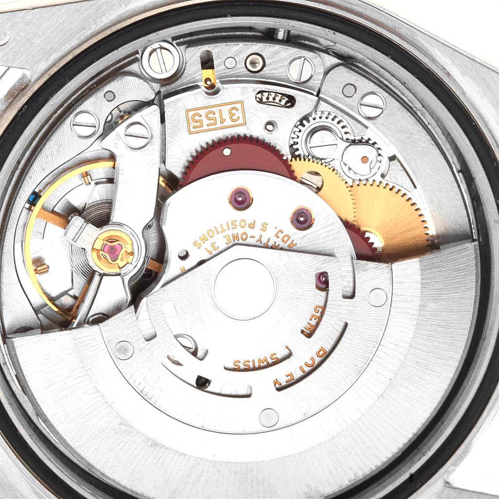 This is an internal view of the Rolex President 118339 Men's White Gold Black Dial 118339 Men's White Gold Black Dial model watch, displaying its mechanical movement and components.