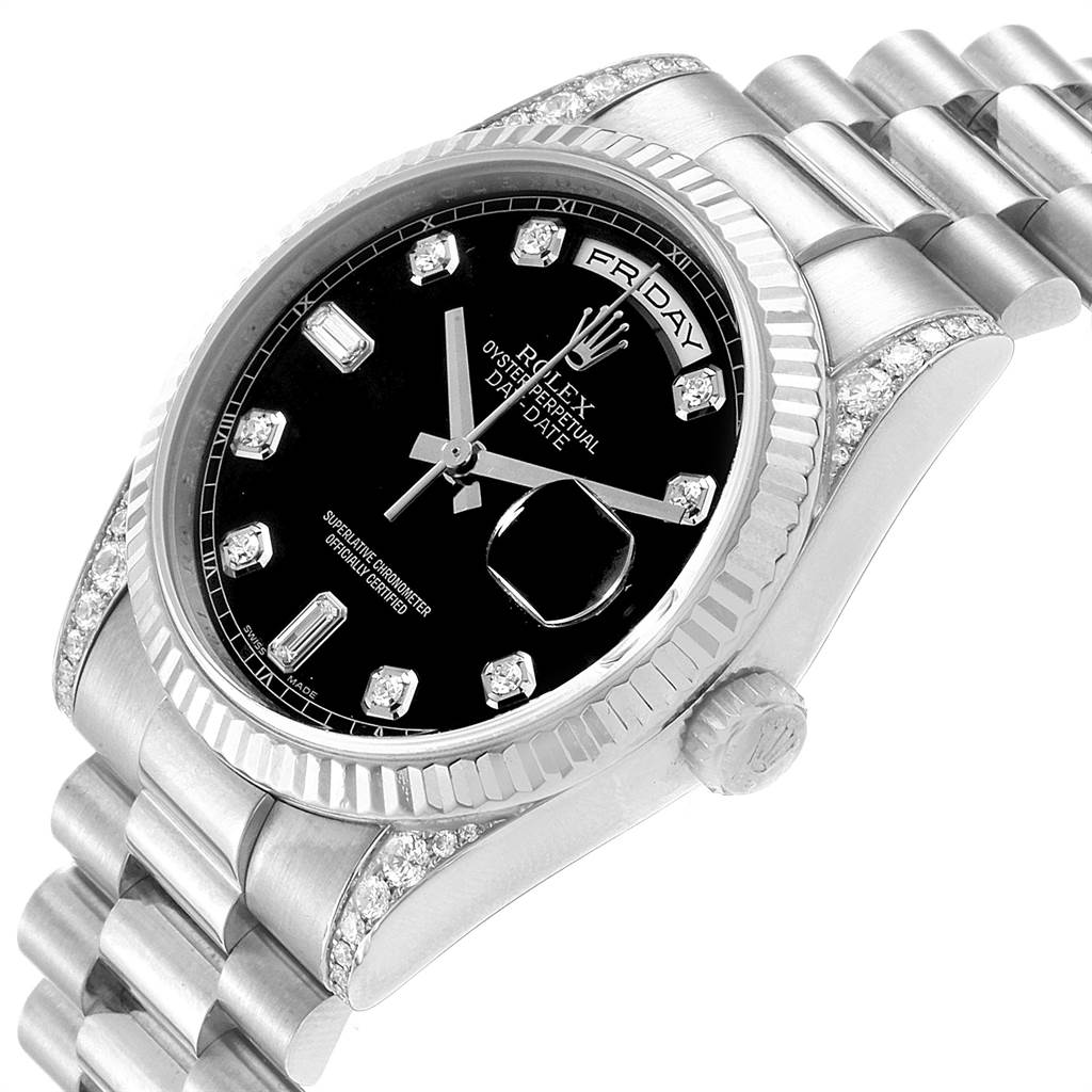 The image shows a Rolex President 118339 Men's White Gold Black Dial 118339 Men's White Gold Black Dial watch, angled to display the face, crown, and part of the bracelet.