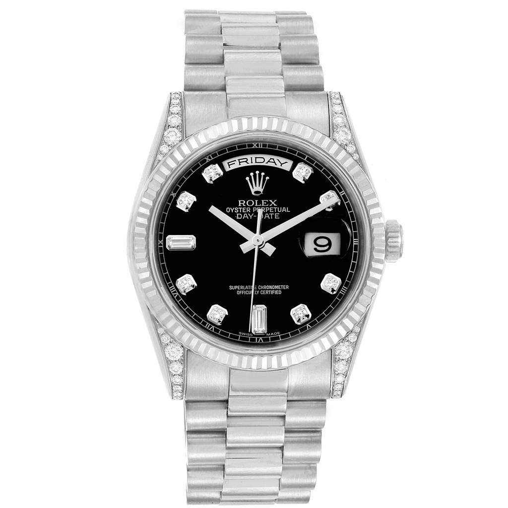 The image shows a Rolex President 118339 Men's White Gold Black Dial 118339 Men's White Gold Black Dial model watch from the front, displaying the face, bezel, and bracelet.