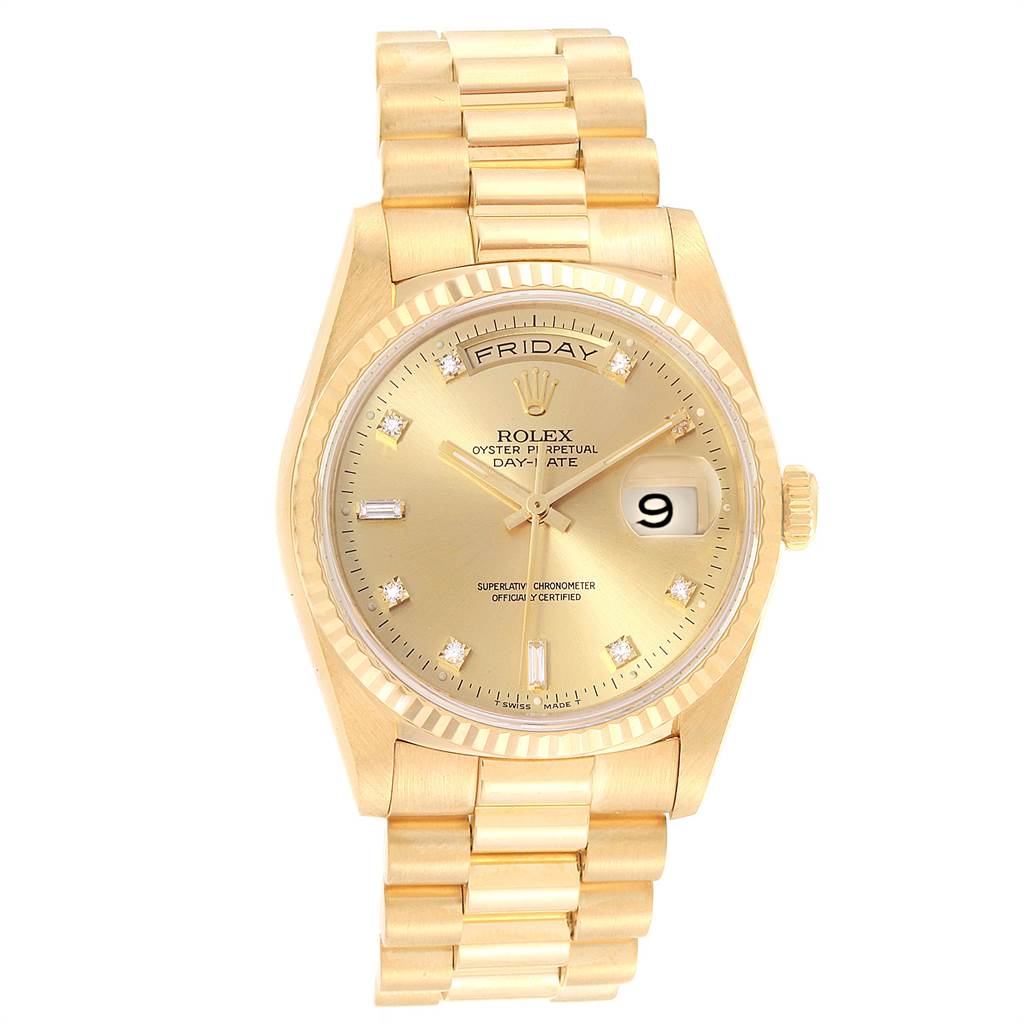 This Rolex President 18238 Men
s Yellow Gold Champagne Dial 18238 Men
s Yellow Gold Champagne Dial model watch is shown from a top-down angle, displaying the face, bracelet, and bezel.