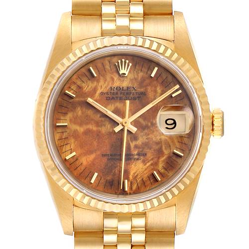 Photo of Rolex Datejust 18k Yellow Gold Burl Wood Dial Mens Watch 16238 Box Papers