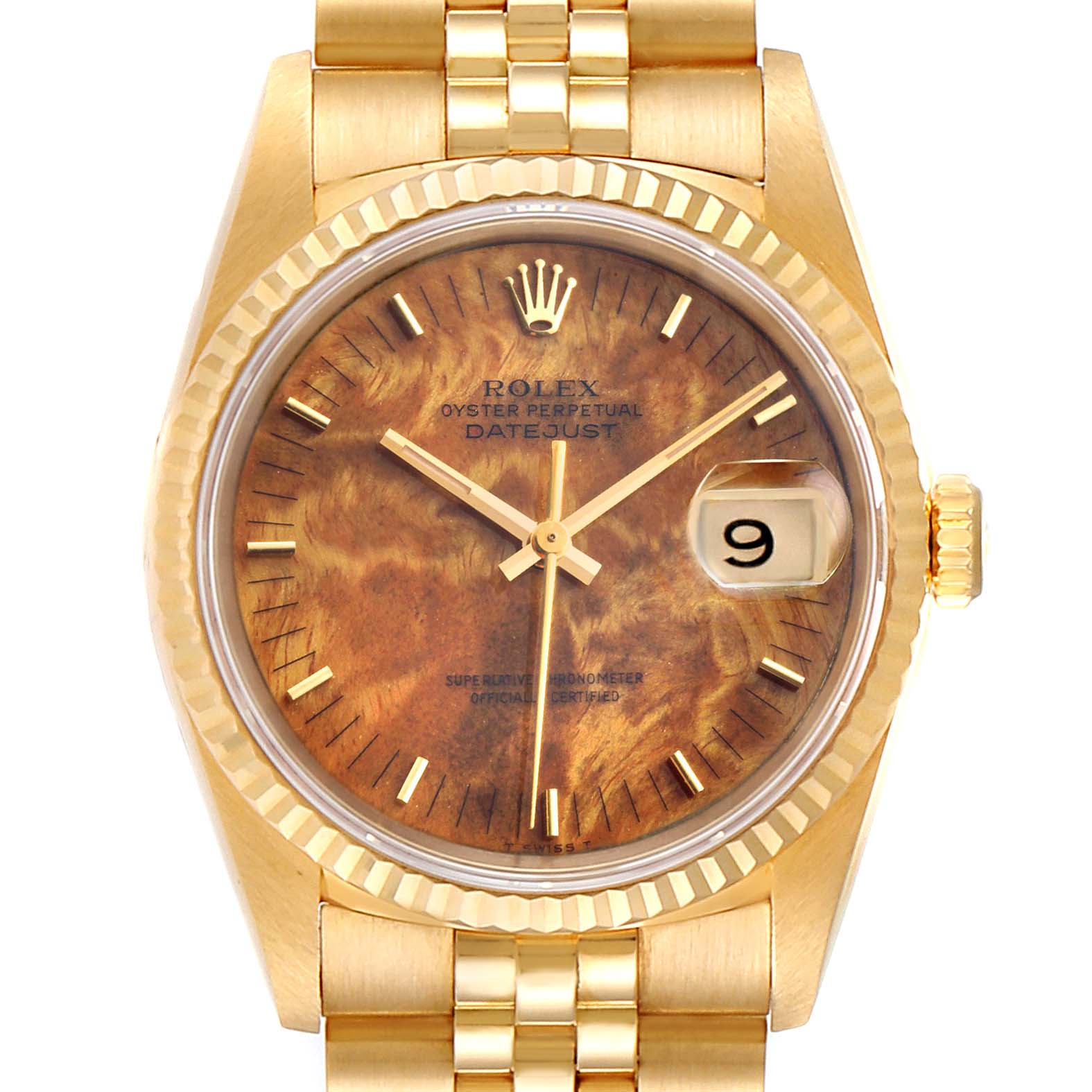 The image shows a front view of the Rolex President 16238 Men
s Yellow Gold Brown Dial 16238 Men
s Yellow Gold Brown Dial model watch, highlighting its dial, date window, and part of the bracelet.
