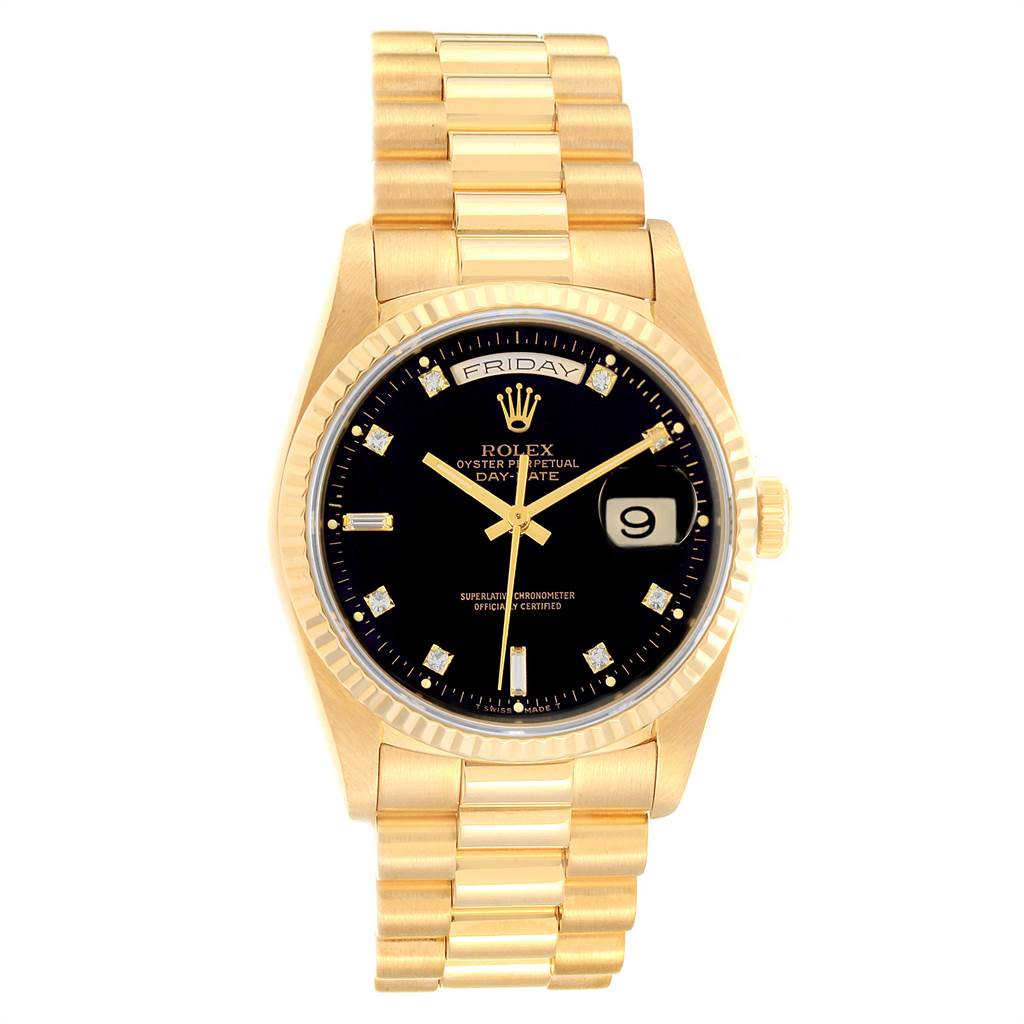 The image shows a front-facing view of a Rolex President 18238 Men
s Yellow Gold Black Dial 18238 Men
s Yellow Gold Black Dial model watch, highlighting the gold bracelet, black dial, and date window.