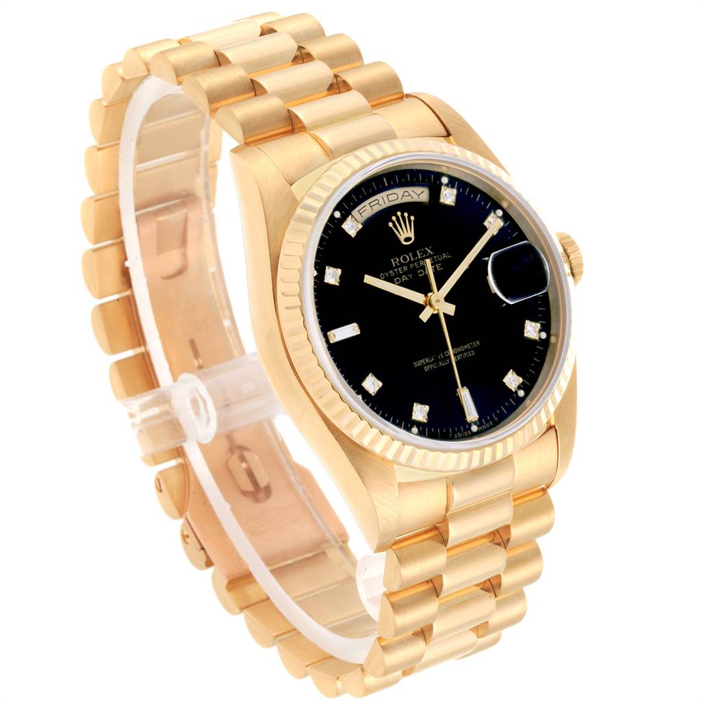 The Rolex President 18238 Men
s Yellow Gold Black Dial 18238 Men
s Yellow Gold Black Dial model watch is shown at a slight angle, displaying the gold bracelet, black dial, fluted bezel, and day-date functions.