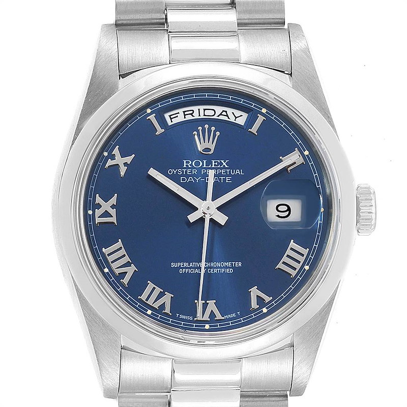 Rolex President Day-Date Platinum Blue Roman Dial Watch 18206 SwissWatchExpo