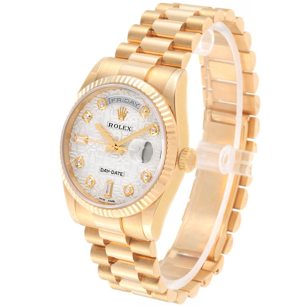 This image shows a Rolex President 118238 Men
s Yellow Gold Silver Dial 118238 Men
s Yellow Gold Silver Dial model watch at an angled view, displaying its face, bezel, and bracelet.