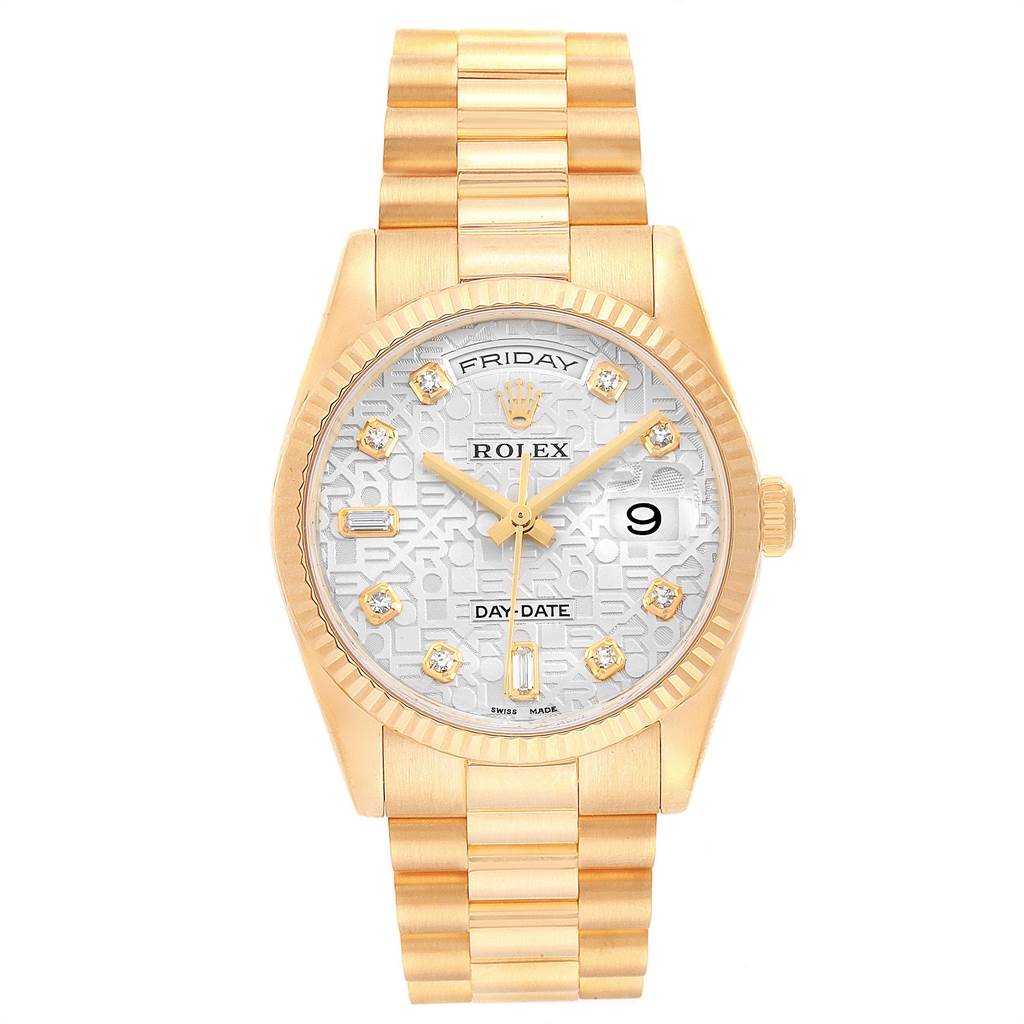 The image shows a Rolex President 118238 Men
s Yellow Gold Silver Dial 118238 Men
s Yellow Gold Silver Dial model, displaying the full face, bracelet, and crown from the front angle.